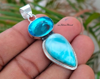 Natural Larimar Blue Topaz Sterling Silver Pendant, Pear Shaped Bohemian Jewelry