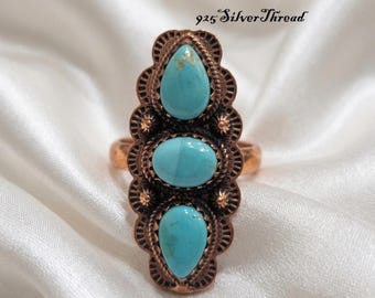 Handcrafted Copper Turquoise Statement Ring: Triple Stone Boho Southwestern Jewelry