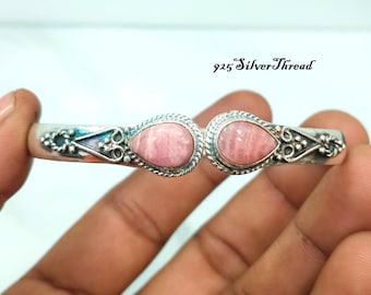 Handmade Rhodochrosite Sterling Silver Bangle – Boho Pink Gemstone Cuff Bracelet