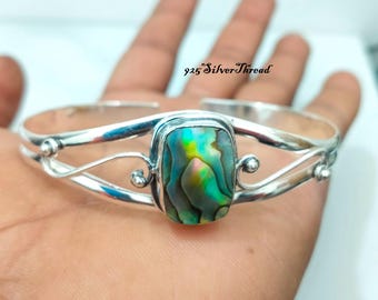 Handmade Abalone Shell Bangle 925 Sterling Silver Cuff Bracelet Ocean Inspired Jewelry
