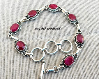 Handmade Natural Ruby Oval Cut Sterling Silver Bracelet, July Birthstone Jewelry