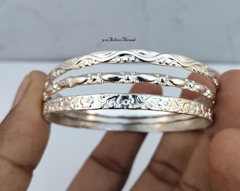 Handmade 925 Sterling Silver Floral Engraved Bangle Set, Stacking Bracelets (Set of 3)