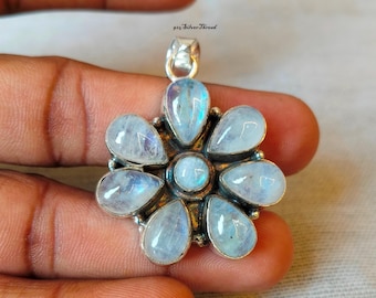 Handmade Rainbow Moonstone Flower Pendant, 925 Sterling Silver Boho Jewelry