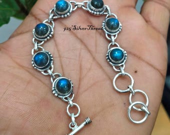Blue Fire Labradorite Sterling Silver Bracelet, Boho Gemstone Jewelry
