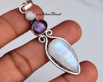 Rainbow Moonstone Amethyst Sterling Silver Pendant, Boho Statement Gemstone Necklace