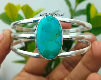 Kingman Turquoise Bangle: 925 Sterling Silver Boho Cuff Bracelet