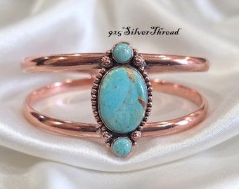 Mohave Turquoise Copper Bangle Bracelet, 925 Silver Thread Cuff Jewelry