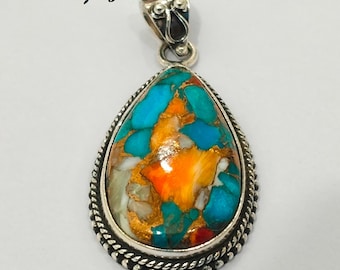 Blue Oyster Copper Turquoise Pendant, 925 Sterling Silver, Handmade Necklace Gift For Her