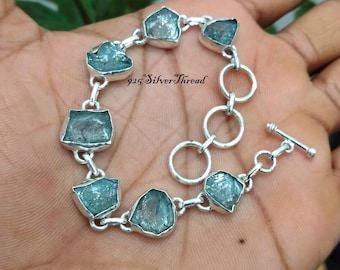 Pulseira de prata esterlina com água-marinha bruta, joia boho com gema não lapidada