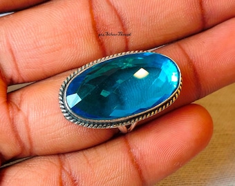 Oval Blue Topaz Sterling Silver Spinner Ring, Handmade Statement Jewelry
