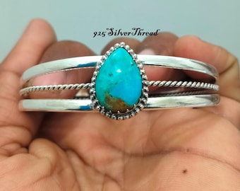 Natural Kingman Turquoise Bangle: 925 Sterling Silver Boho Cuff Statement Bracelet