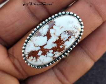 American Wild Horse Magnesite Oval Ring, 925 Sterling Silver Gemstone Jewelry