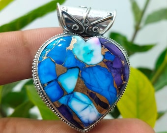 Purple Dahlia Turquoise Pendant, 925 Sterling Silver, Boho Hippie Style Handmade Jewelry