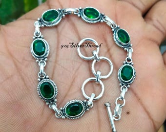 Handmade Sterling Silver Emerald Bracelet, Oval Green Gemstone Jewelry, Toggle Clasp