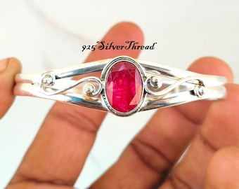 Handmade Sterling Silver Oval Ruby Bangle – Boho Statement Cuff Bracelet
