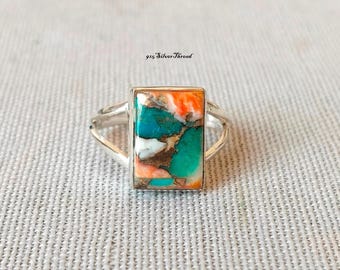 Oyster Copper Turquoise Rectangle Ring, 925 Sterling Silver Boho Statement Ring