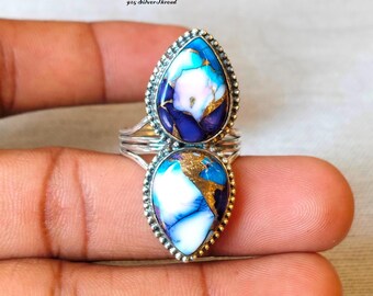 Handmade Purple Dahlia Turquoise Double Teardrop Ring, 925 Sterling Silver Boho Statement