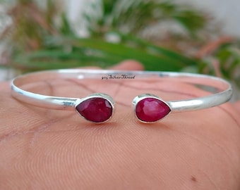 Sterling Silver Pear Cut Indian Kashmir Ruby Bracelet, Minimalist Boho Bangle