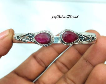 Handmade Sterling Silver Ruby Bangle: Rose Red Designer Statement Jewelry