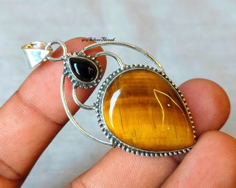 Handmade Teardrop Tiger Eye Pendant, 925 Sterling Silver, Black Onyx Gemstone