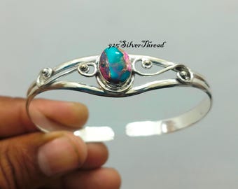 Sterling Silver Pink Oyster Turquoise Bangle Bracelet – Open Cuff Jewelry