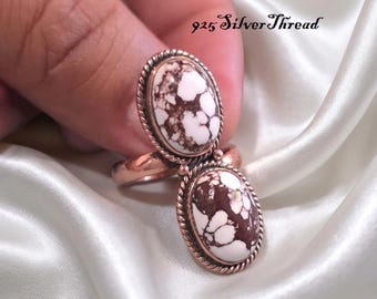 Wild Horse Jasper Copper Statement Ring, 925 Silver Thread Boho Jewelry