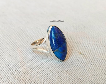 Natural Lapis Lazuli Marquise Ring, 925 Sterling Silver Boho Statement Jewelry