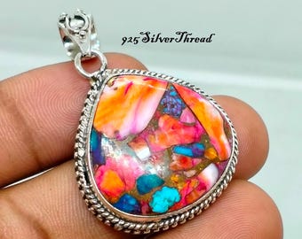 Sterling Silver Pink Oyster Turquoise Teardrop Pendant, Boho Charm Jewelry