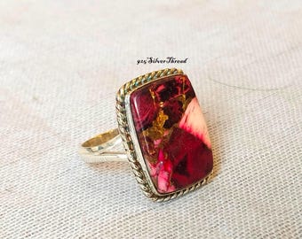 Pink Copper Turquoise Sterling Silver Ring, Rectangle Statement Boho Jewelry