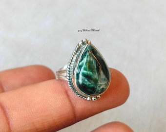 Seraphinite Pear Shape Ring, Sterling Silver Boho Statement Jewelry