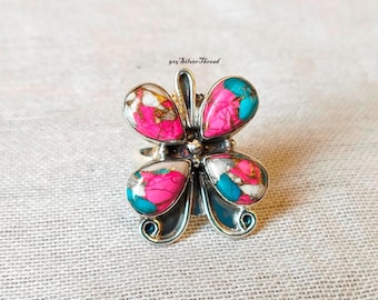 Multi-Color Spiny Oyster Turquoise Butterfly Ring, 925 Sterling Silver Boho Statement Piece