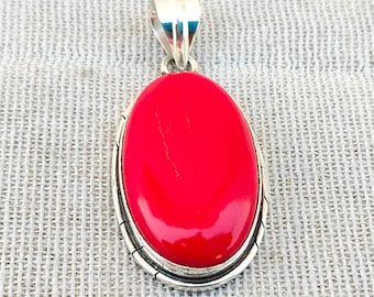 Red Coral Oval Pendant, 925 Sterling Silver Boho Jewelry