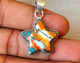 Spiny Oyster Turquoise Star Pendant, Sterling Silver, Multi Color Gemstone, Handcrafted Celestial Jewelry