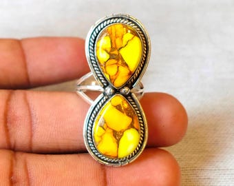 Honey Dahlia Turquoise Double Teardrop Ring, 925 Sterling Silver Boho Statement Ring