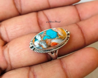 Natural Oyster Copper Turquoise Oval Ring, 925 Sterling Silver Boho Statement Jewelry