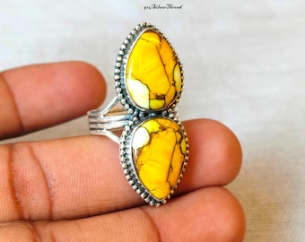 Yellow Honey Dahlia Turquoise Pear Ring, 925 Sterling Silver Statement Boho Jewelry