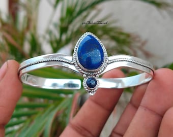Sterling Silver Lapis Lazuli Teardrop Cuff Bangle, Boho Arm Ring, Handmade Jewelry