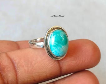 Handmade Oval Larimar Ring, 925 Sterling Silver, Boho Statement Jewelry
