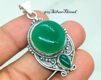 Handmade Green Onyx 925 Sterling Silver Pendant, Boho Wedding Jewelry