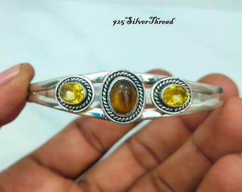 Hand-Carved Sterling Silver Bangle, Tiger Eye Citrine Gemstones, Boho Cuff Bracelet