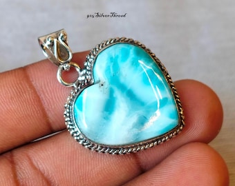 Natural Larimar Heart Pendant, 925 Sterling Silver, Ocean Blue Gemstone Necklace