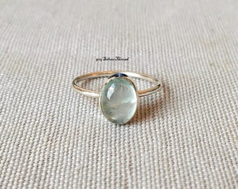 Handmade Natural Prehnite Oval Ring, 925 Sterling Silver, Boho Minimalist Jewelry