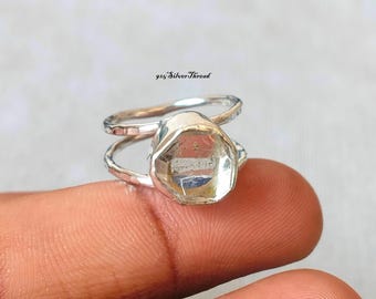Natural Herkimer Diamond Ring, 925 Sterling Silver, Geometric Quartz, Boho Statement Band