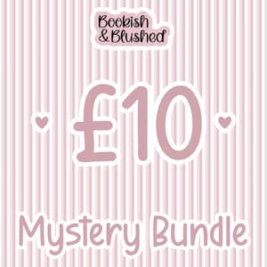 May include: A graphic advertisement featuring a light pink and white vertical striped background. The text reads Bookish & Blushed at the top, followed by the large text £10 in the centre, and Mystery Bundle at the bottom, with small hearts.