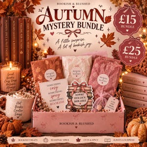 May include: An Autumn Mystery Bundle box by Bookish & Blushed containing wrapped gifts, a card reading Something Cosy Something Spicy Something Bookish, a sticker saying Support Your Local Book Girlie, a leaf charm, and a mug with Hot Books Cooler Days.