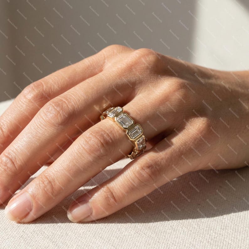 Emerald Cut Moissanite Bezel Eternity Band, 14K Gold Ring, Full ...
