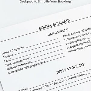 May include: A white paper with the text "Clean & Structured Layout" and "Designed to Simplify Your Bookings". The paper includes sections for a bridal summary, with fields for contact information, wedding details, and a makeup trial.
