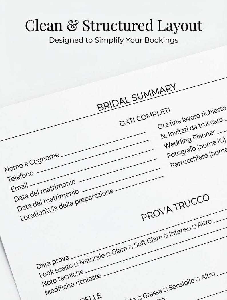May include: A white paper with the text "Clean & Structured Layout" and "Designed to Simplify Your Bookings". The paper includes sections for a bridal summary, with fields for contact information, wedding details, and a makeup trial.