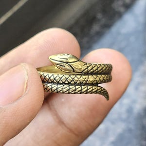 May include: A bronze-coloured ring in the shape of a snake, coiled around itself. The snake's head is raised, and the body is detailed with scales. The ring is held in a person's hand, with a blurred background.
