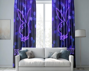 Neon Purple Bunny Window Curtains, Modern Playboy Aesthetic Room Decor, Purple Bokeh Light Drapes, Teen Room Curtains